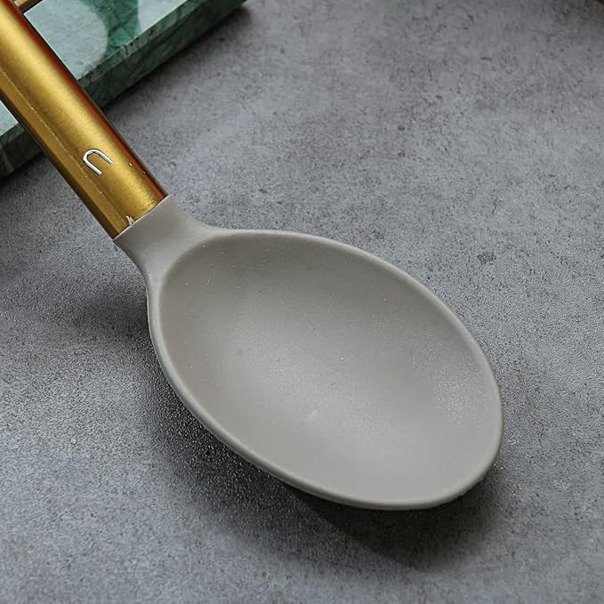Berglander Non-stick Silicone Solid Serving Spoon, Titanium Gold Plating handle, Basting Spoon, Dishwasher Safe, Easy to Clean