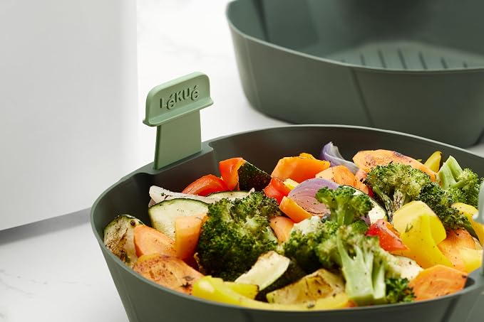 Lékué Air Fryer Basket - X Large - 100% Platinum Silicone Baking Pan for Air Frying, Fits in Draw Tray, Flexible Corners, Pull-up Handles for Easy Removal, Flat Bottom with Drainage Grooves