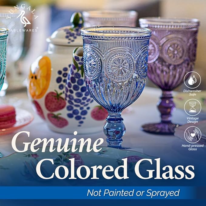 Blue-Wine-Glasses-Sunflower-Set-6 Blue Wine Glasses Set of 6 Vintage Hobnail Goblets 10 oz Dishwasher Safe