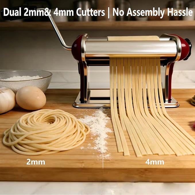 XINGYUEXUAN Pasta Maker Machine, Stainless Steel Manual Noodle Maker with 2mm & 4mm Cutters, Hand Crank for Homemade Spaghetti, Fettuccine, Lasagna & Dumpling