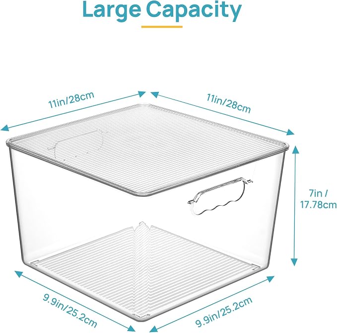 Vtopmart 4 Pack Extra Large Clear Stackable Storage Bins with Lids, 11x11 Cube Organizer with Handle, Plastic Containers for Pantry, Closet, LaundryRoom, Kitchen, Bathroom, UnderSink Organization
