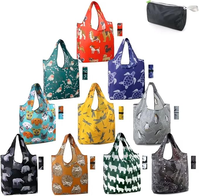 BeeGreen Animal Reusable Shopping Bags Grocery Totes 10 Pack with Zipper Carry Pouch Cute Shopper Bags XLarge Machine Washable Durable Gifts for Animal Lovers Women