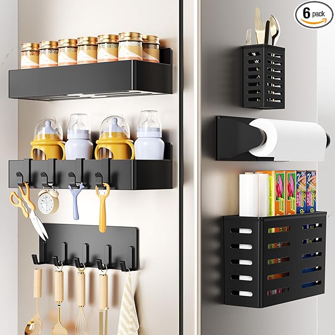 Magnetic Spice Rack for Refrigerator,6 Pack Magnetic Shelf,Fridge Magnet Organizer with Paper Towel Holder,Utensils Racks,Hook Rack,Deepened Basket,Fridge Organizers and Storage Black(6 Pack)