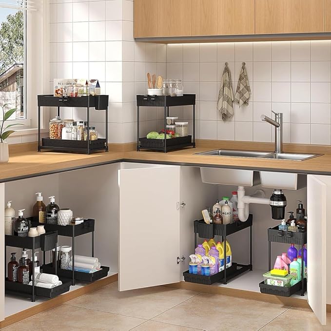 Sevenblue 3 Tier Wooden Fruit Basket with 2 Mobile Banana Holders, Height Adjustable 2 Packs Under Sink Organizer