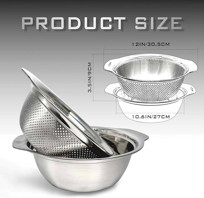 2 PCS Stainless Steel Colander, 3.5 QT 18/8 Stainless Steel Strainer, Colander for Kitchen Made of SUS304 Stainless Steel with Handle for Veggie Fruit Rice Pasta, Easy to Clean