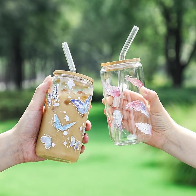 NETANY 1 Pack Glass Cups with Bamboo Lids and Straws 16 oz, Gifts for Women, Drinking glasses set, Iced Coffee, Tea Cup, Cute Aesthetics Tumbler Cup, Mothers Day, Birthday Gifts for Her Mom