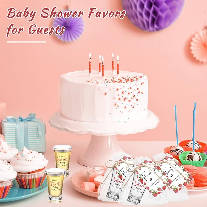 Pickmesh 25 Sets Sweet Strawberry Baby Shower Shot Glasses for Guests Include Acrylic Clear Shot Glasses Sweet Barry Cards Organza Bags Favors for Gender Reveal Party Supplies