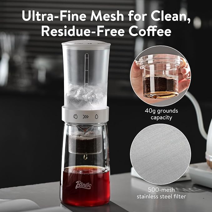 Cold Brew Coffee Maker 450ml-Bincoo High Borosilicate Glass Ice Drip Coffee Brewer,Adjustable Dual-Outlet Drip Speed, Constant Pressure Brewing