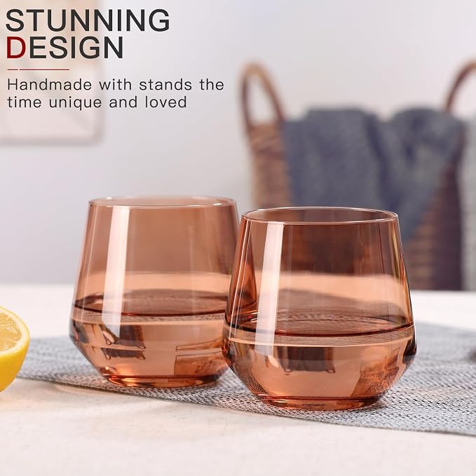 Stemless Wine Glasses Set 6【Hand Blown Colored Wine Glasses Stemless】 15oz Venus Colored Glassware for Wine or Soft Drinks,Unique Wine Gifts for Wedding,Anniversary