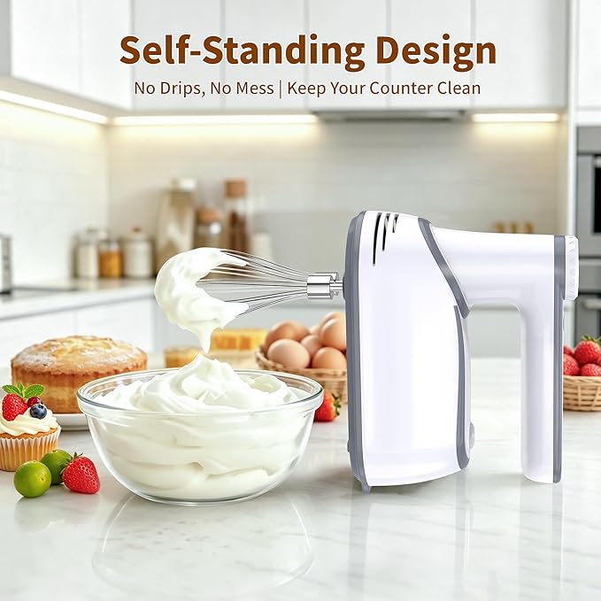 binROC Cordless Electric Hand Mixer, 12-Speed Rechargeable Handheld Mixer with Eject Button, 6 Stainless Steel Attachments, Snap-On Storage Case, LED, Self-Stand for Baking, Cake, Dough, Egg (White)