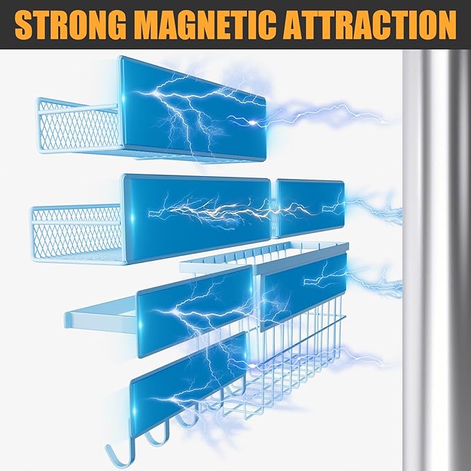 DTUQYX 6-Pack Magnetic Shelves for Washing Machine & Refrigerator, Heavy-Duty Laundry Organizer with Hanger Holder & Deep Baskets, Metal Storage System for Laundry Room (Blue)
