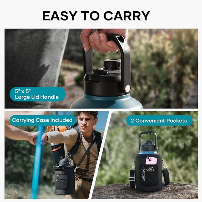 BUZIO 1 Gallon Water Bottle Insulated, (Cold for 48 Hrs) 128oz Large Stainless Steel Water Jug, 3.58in Big Wide Mouth Leak Proof Metal Flask with Carrying Sleeve for Camping,Gym, Hiking, Indigo Crush