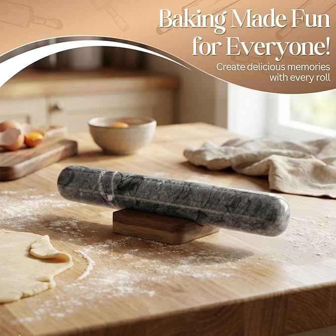 Flexzion French Rolling Pin, 12 Inch Black Marble Rolling Pins for Baking with Wooden Base Holder Stand - Non-Stick Baking Roller for Baking Fondant, Crust, Pastry, Cookies, Pizza, Pasta