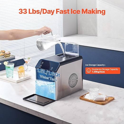 VEVOR Countertop Ice Maker, Self Cleaning Pebble Ice Machine with Ice Scoop & Drip Tray, 33lbs/24H Nugget Ice Maker with Convenient Ice Transfer for Home Kitchen Office