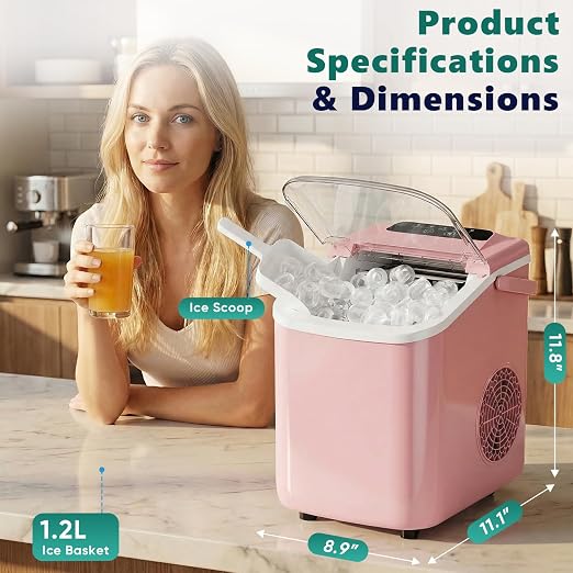 OLIXIS Countertop Ice Maker with Self-Cleaning, Portable Ice Maker Machine with Ice Scoop, 26Lbs/24H, 9 Cubes in 6 Mins, 2 Sizes of Bullet Ice for Home, Kitchen, Office