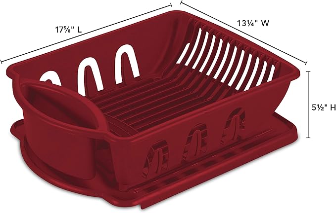 Sterilite 2 Piece Sink Set, With Drainboard for Drying, Holds Clean Dishes in the Kitchen such as Plates, Cups, Bowls, and Silverware, Red, 6-Pack