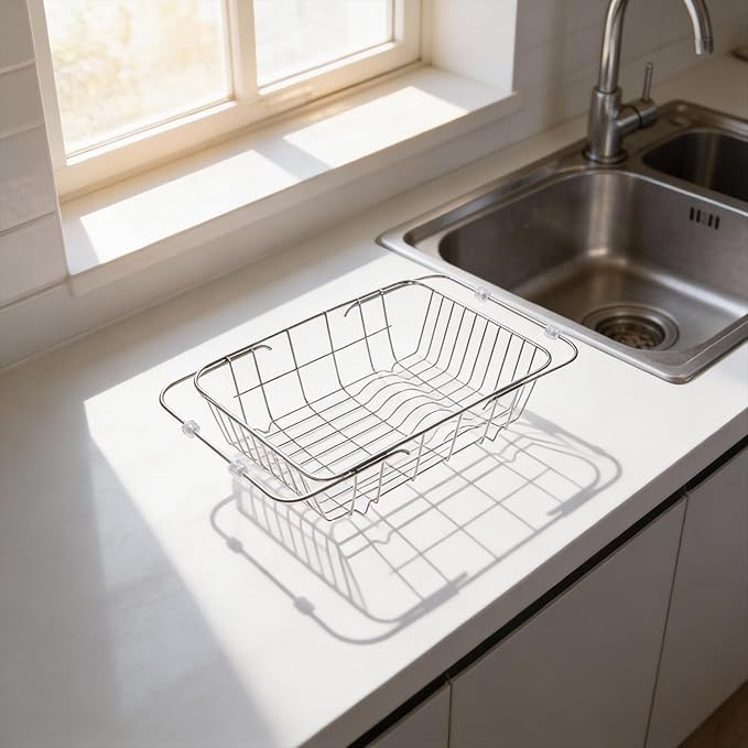 Sink Dish Drying Rack Adjustable Stainless Steel with Non-Slip Rubber Feet Space-Saving Over Sink Design for Kitchen Counter Organization and Utensil Holder(34.5x25x11cm)