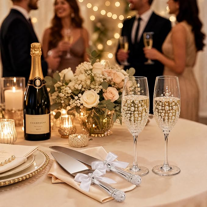 Boao Pearl Wedding Champagne Flutes and Cake Knife Server Set of 4, Champagne Flutes Toasting Glasses with Pearls for Bride and Groom Engagement Anniversary Bridal Shower Gifts (Grace,White)