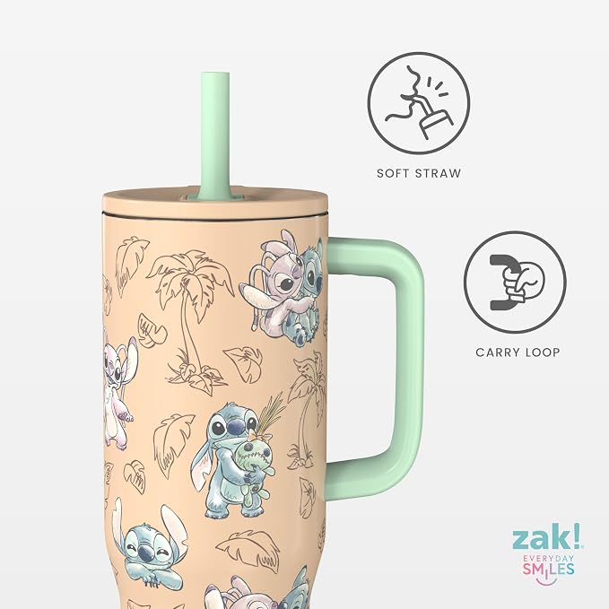 Zak Designs Disney Sutton Travel Tumbler for On the Go, 30oz Stainless Steel with Vacuum Insulation, Silicone Straw, and Carry Handle for Cold Drinks (Stitch, Angel)