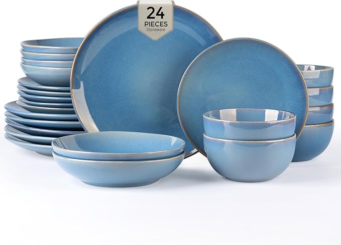 GBHOME Dinnerware Sets with Double Bowls for 6, 24 Pieces Stoneware Plates and Bowls Set, Scratch Resistant Ceramic Dishes Set, Dishwasher & Microwave Safe-Alaskan Blue
