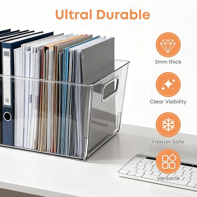 MOONEDGE Large Clear Plastic Storage Bins 4 Pack, 12" x 8" x 6" Stackable & Durable Organizers for Kitchen, Pantry, Refrigerator & Bathroom – Food Safe, Easy to Clean, Ideal for Home Organization