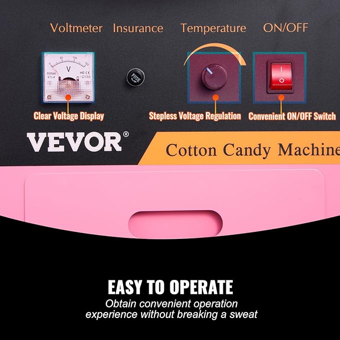 VEVOR Electric Cotton Candy Machine Cart, 1000W Commercial Floss Maker w/Stainless Steel Bowl, Sugar Scoop and Drawer, Perfect for Home, Carnival, Kids Birthday, Family Party, Pink