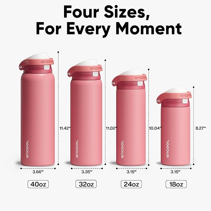 ENCOOL Leakproof Insulated Water Bottle with Straw Dual-Sip Water Bottle Bag-Safe Design for Work, Commute & Gym – Keeps Drinks Cold All Day, 24 oz, Vermilion