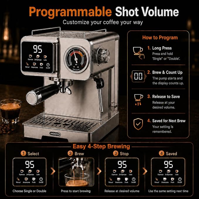 58mm Espresso Machine with Milk Frother, 20 Bar Semi-Automatic Coffee Maker, Visual Pressure Gauge & Touchscreen LCD Display, Professional Home Espresso Machine for Latte & Cappuccino, Silver