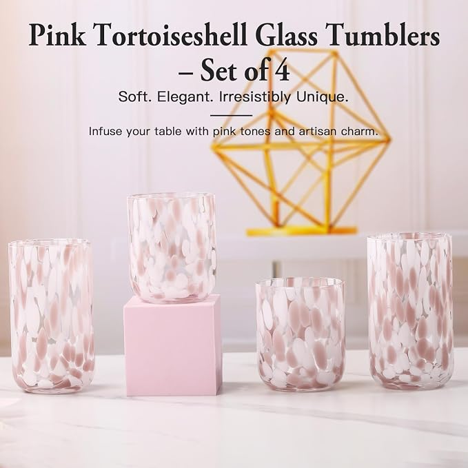 Pink Tortoise Shell Drinking Glasses Set of 4, Pink Drinking Glasses,10oz 15oz Mix Glass Cups Tortoise Shell Tumbler Cups for Wine & Drinks, Mothers Day Gifts,Gifts for My Wife (4, Mixed)