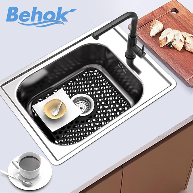 Silicone Sink Protector for Kitchen Bathroom Sink, 2 Pack 13.58"x 11.6" Heat-resistant Mat, Non-Slip and Durable Silicone Protectors, Center Drain (Black)