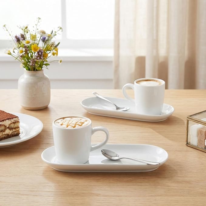 Italian Style Espresso Cup Set of 4 | Porcelain Demi Tasse Cups and Saucers, 3 oz