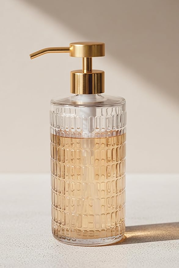 Elegant Fluted Glass Soap Dispenser with Stainless Steel Pump, 17oz Vintage Art Deco Style Clear Ribbed Glass Bottle for Bathroom, Dish Soap Dispenser for Kitchen (Gold Pump)