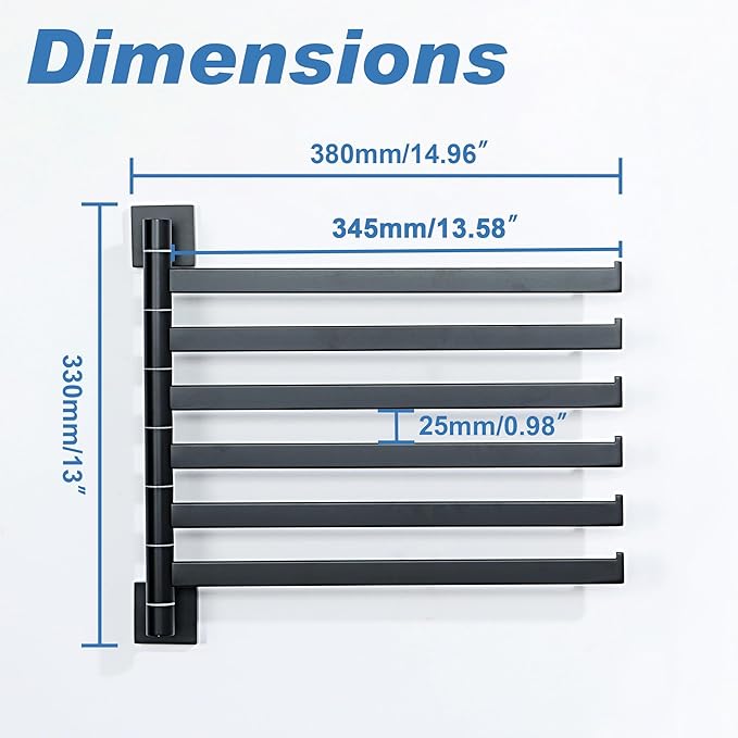 Alise Swivel Towel Rack, 6-Arm Towel Bar, Space Saving Towel Rack Wall Mount Drying Towel Holder, Swing Out Towel Holder for Bathroom Kitchen Toilet, Square SUS304 Stainless Steel, Matte Black
