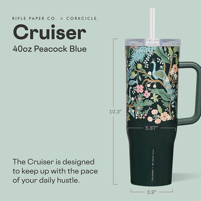 Corkcicle x Rifle Paper Co. Cruiser Insulated Tumbler with Handle & Straw - Keeps Drinks Cold 20 Hours - BPA-Free - Gift for Mom - Great for Mother's Day or Christmas - 40 oz - Peacock Blue