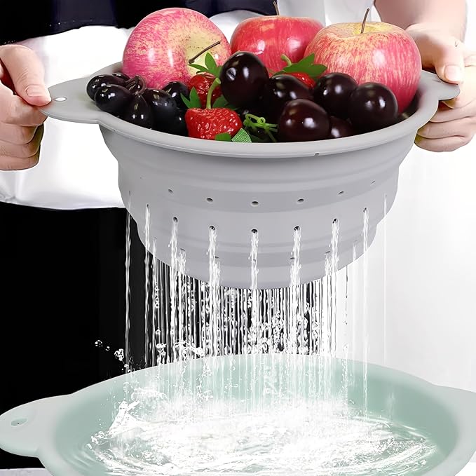 Collapsible Silicone Colander Basin Set, Thickened Strainer bowl, for Kitchen, RV, Camping, Draining Pasta, Washing Fruit, Vegetable