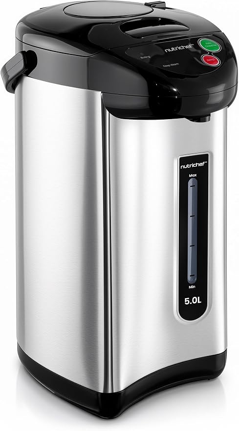 NutriChef 5.2 Qt Hot Water Dispenser with 5 Temperature Settings | Digital water boiler with 3 dispensing options, stainless steel interior, safety lock, and quick heating.