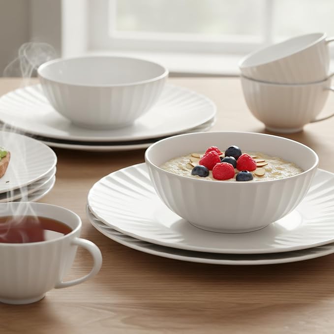 16-Piece Bone China Dinnerware Set for 4, White embossed dinnerware set, Plates and Bowls with Textured Design, Microwave Dishwasher Safe