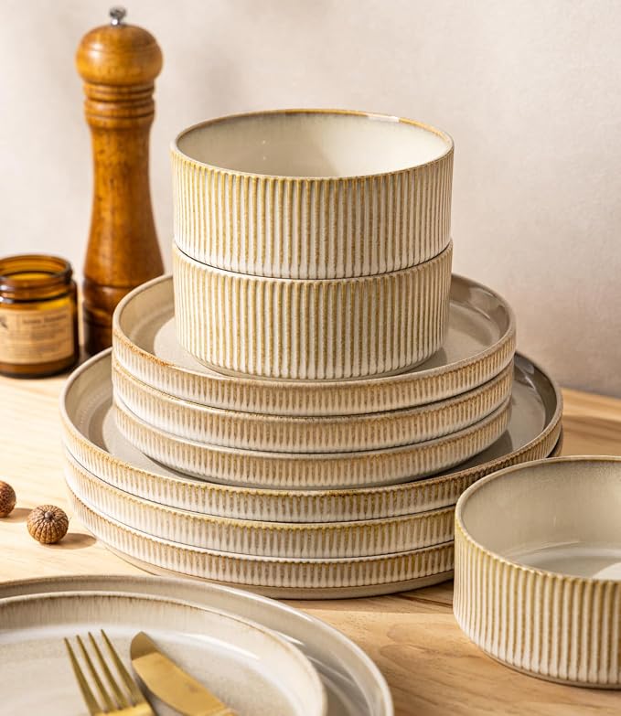 GBHOME Stoneware Dinnerware Sets for 4, 12 Pieces Lightweight Ceramic Ribbed Plates and Bowls Set, Reactive Glaze Stackable Plate Sets, Scratch Resistant Dishes, Microwave & Dishwasher Safe,Cappuccino