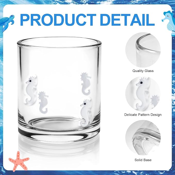 4 Pcs Summer Ocean Icon Glasses Set, 14oz Aesthetic Shell Starfish Seahorse Turtle Glass Cup Icon Stemless Coffee Cocktail Glassware Cup for Party Supplies Gift (Ocean)