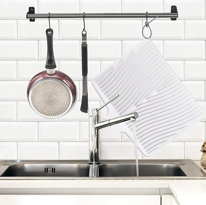 TIKNIK Silicone Dish Drying Mat, Stone Drying Mat for Kitchen Counter with Built-In Drain, Non-Slip Drain Pad with Built-in Drain, Heat Resistant Stone Drying Mat, Hangable, White-2pcs, 20" x 15"