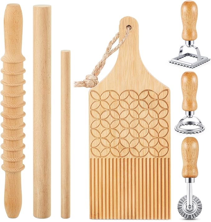 Tioncy 7 Pcs Pasta Making Tool Set, Wood Gnocchi Board with Ravioli Stamp Ravioli Maker and Rolling Pin Homemade Gnocco Maker, Kitchen Gift for Home Cooks and Baking Lovers(Pattern Gnocchi Board Set)