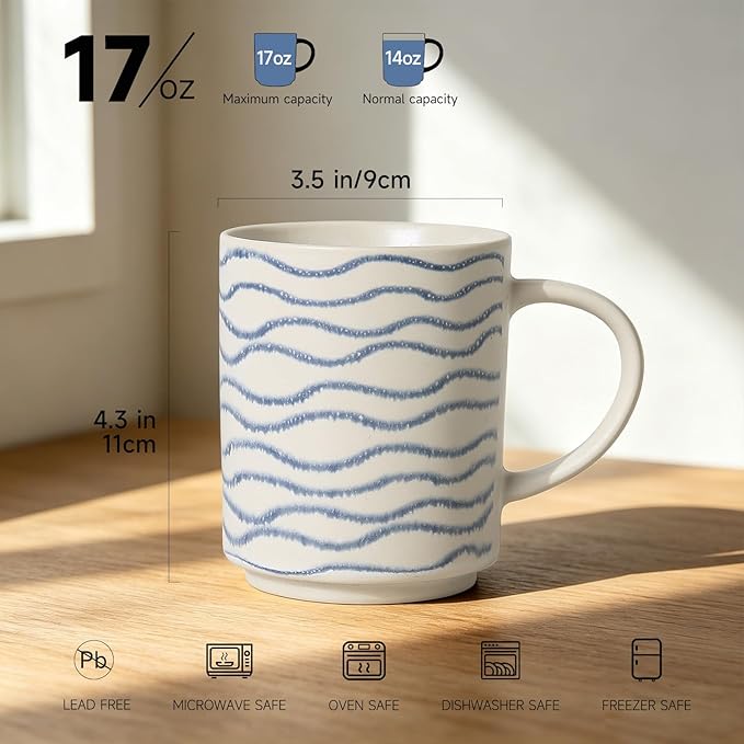 Coffee Mugs Set of 6, 17oz Ceramic Mugs with Handpainted Blue Gray Stripe Pattern, Modern Stackable Coffee Cups, Dishwasher and Microwave Safe Mugs for Home & Office (Wavy Pattern)