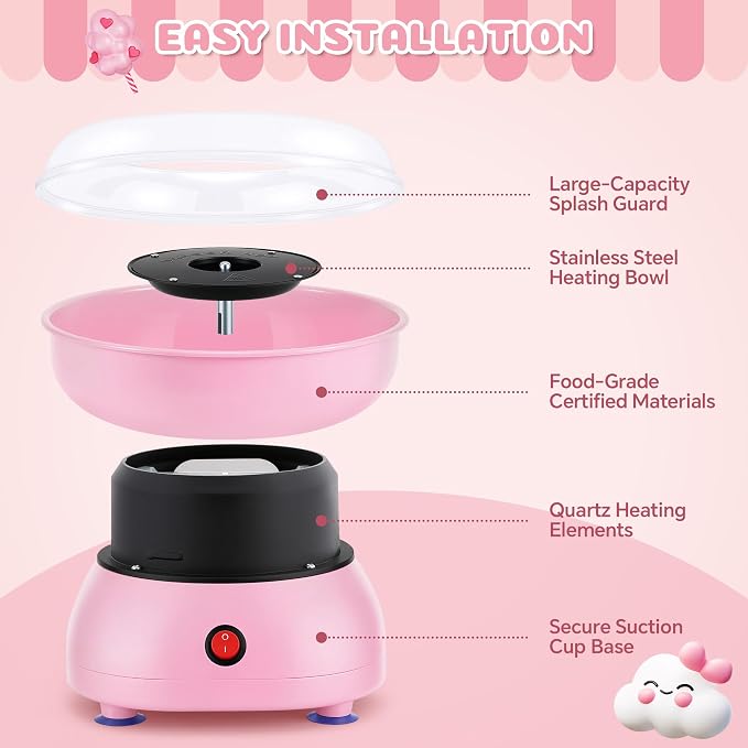 Cotton Candy Machine for Kids & Family, Mini Pink Vintage Cotton Candy Maker with 40 Sticks & Sugar Scoop, Ideal for Birthday Christmas Party Gifts
