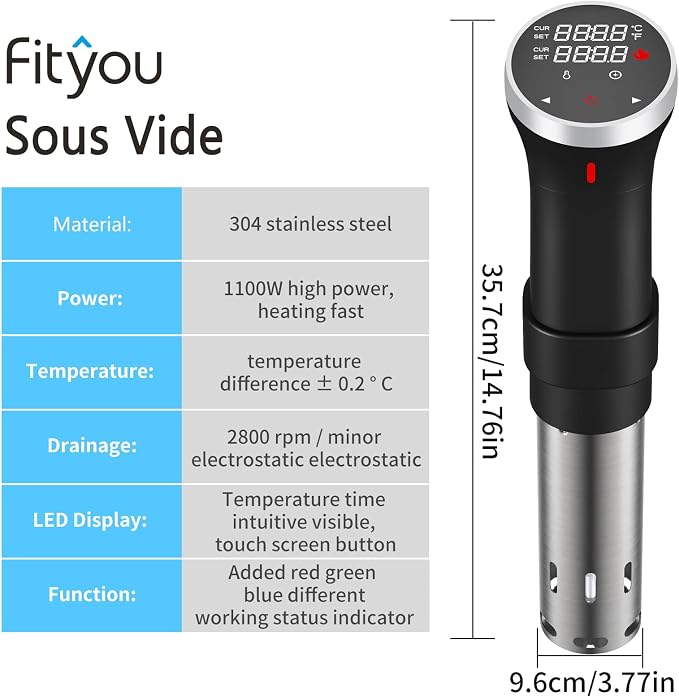 Fityou Accu Slim Sous Vide Thermal Immersion Circulator, 1100W Vacuum Precision Cooker with Precise Temperature and Timer, Full Touch Screen Control, Ultra-Quiet Sou Vide Slow Cooker, Recipe