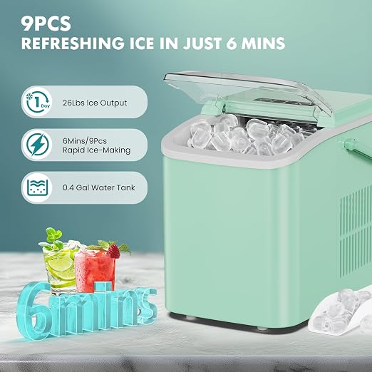 OLIXIS Ice Maker Machine with Handle,26lbs in 24 Hours,9 Cubes in 6 Mins,Auto-Cleaning Portable Ice Maker with Basket and Scoop, Countertop for Home, Kitchen, Camping, RV, Bright Green