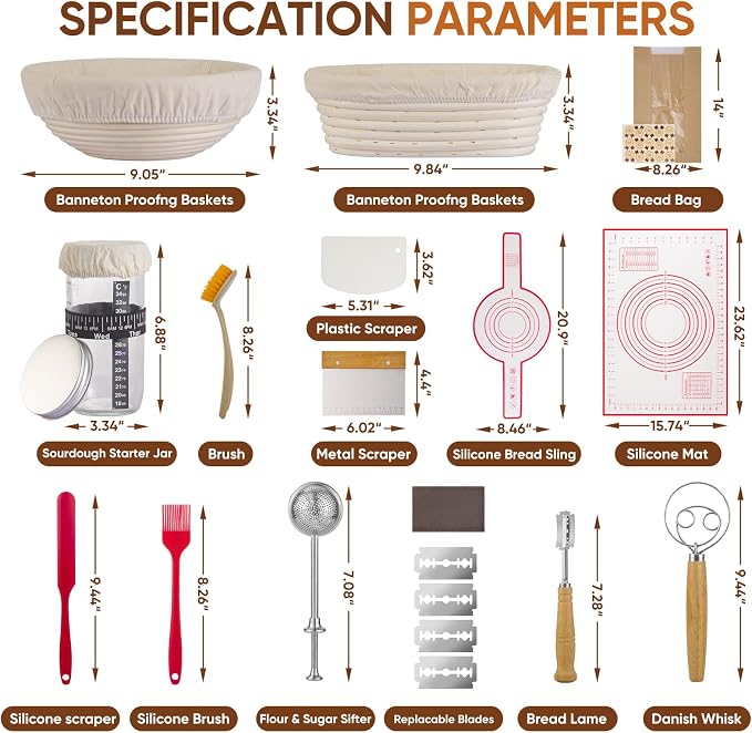 Sourdough Starter Kit with Round 9" & Oval 10" Banneton Bread Proofing Baskets, Starter Jar, Dough Whisk, Scraper & Bread Sling, Complete Sourdough Bread Baking Supplies Gift Set for Home Bakers
