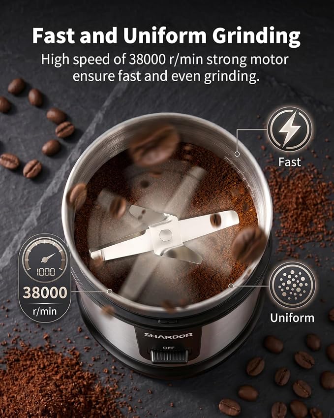 SHARDOR Quiet Coffee Grinder Electric, 70g Removable Bowl Spice Grinder for Coffee Beans, Seeds and Grains, Super Silent Grinding Mill with 60dB Low Noise, 2.5oz Capacity, Silver