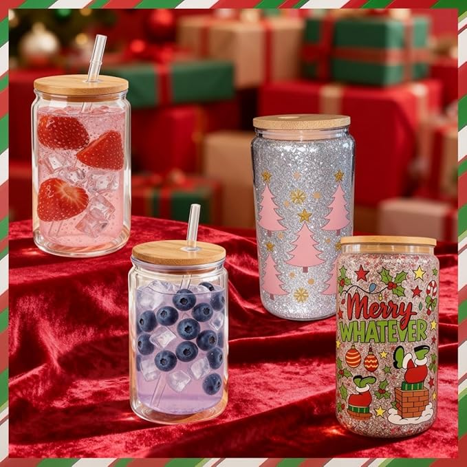 SIECCY Snow Globe Tumbler Kit – 4 Pack 16oz Snow Globe Cups, Pre-Drilled Double Wall Glass, Bamboo Lids, Straws, 13 Glitter Colors, Funnels, Bent Syringe, UV Resin