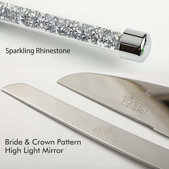 Wedding Champagne Flutes and Cake knife Server Set, Mr and Mrs Champagne Flutes, Bride and Groom Champagne Glasses and Cake Cutting set for Wedding Gifts