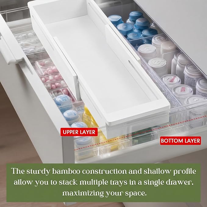 LemonRoad 2 Pcs Sliding Drawer Organizer Bin Bamboo Drawer Expandable Bins Utensil Organizer for Kitchen Spoons Forks Knives (White)